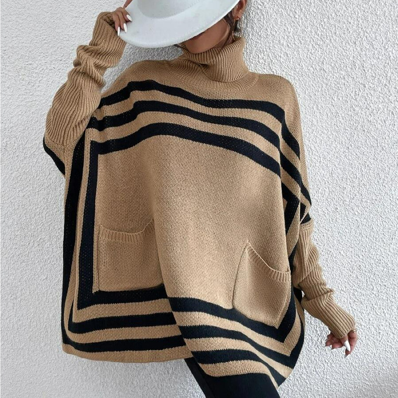 Striped Turtleneck Batwing Shawl Sweater – Women’s Cape Coat