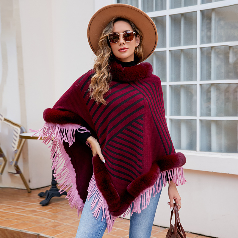 Fur Collar Tassel Knitted Cape Shawl