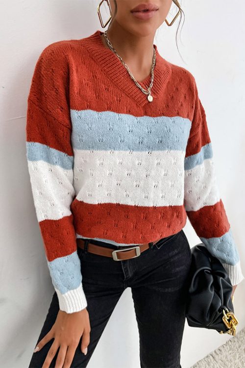 Loose Color Matching Long Sleeve Sweater