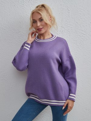 Solid Round Neck Striped Sweater &#82...