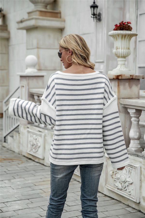 Loose Stripe Splicing Pullover - Winter Knit Sweater - Image 2