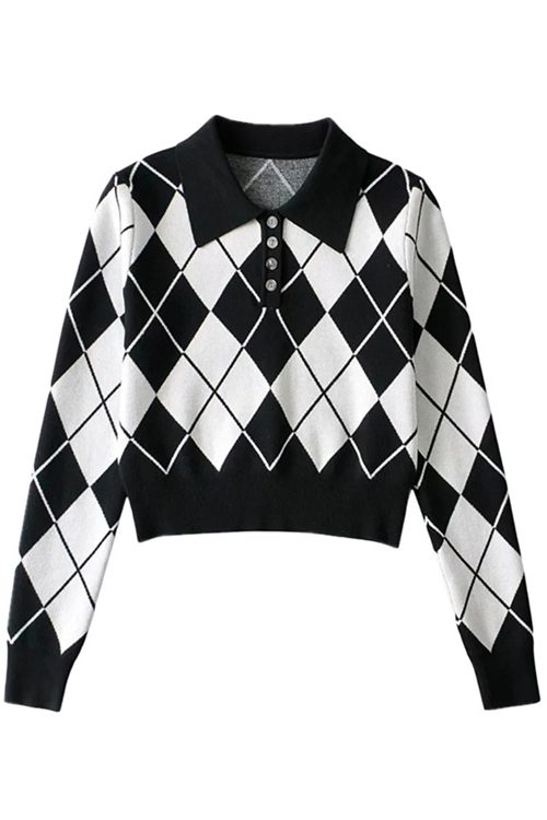 College Style Polo Collar Diamond Lattice Pullover