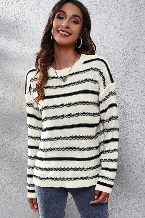 Loose Striped Long Sleeve Knit Sweate...