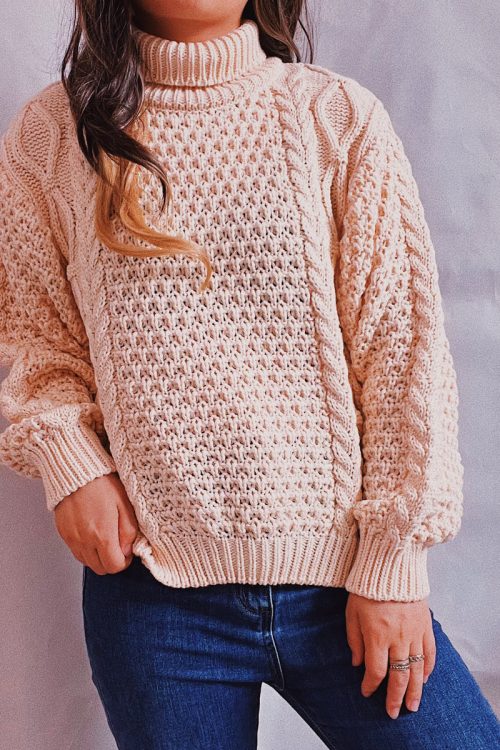 Solid Color Cable Knit Turtleneck Swe...