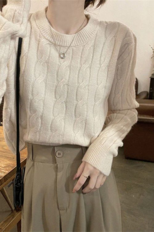 Solid Color Cable Knit Pullover Sweat...