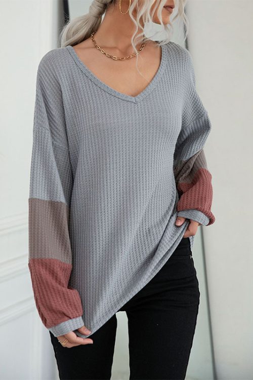 Gray V-Neck Long Sleeve Sweater