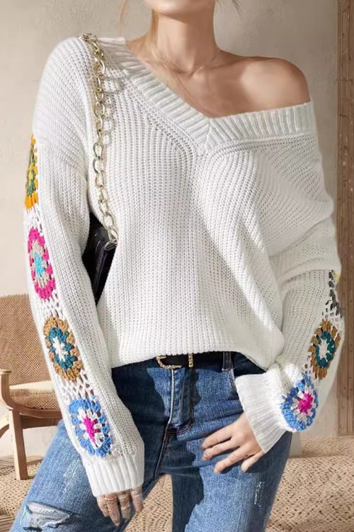 Off-Shoulder Deep V Crochet Embroider...