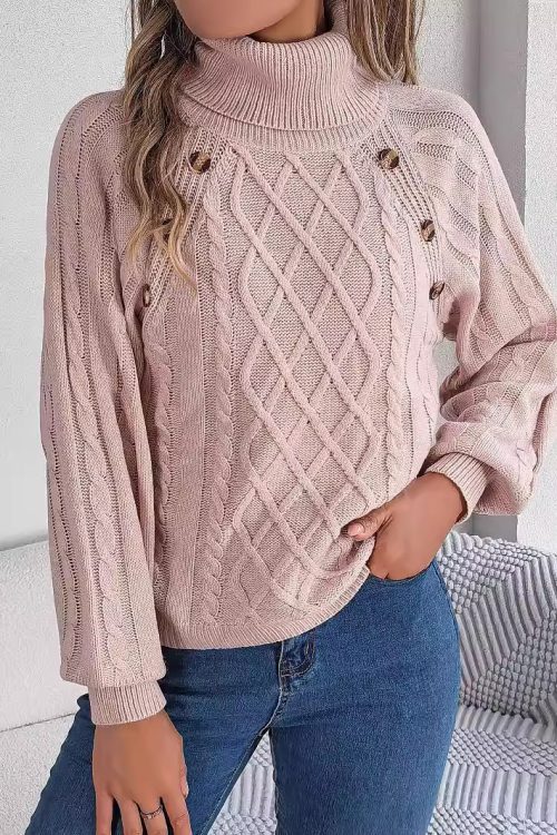 Solid Color Cable Knit Buttoned Turtleneck Sweater