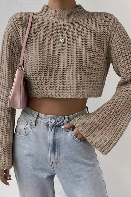 High-Waist Bell Sleeve Turtleneck Swe...