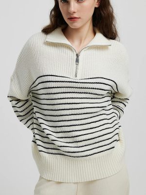 Turtleneck Striped Color Matching Zip...