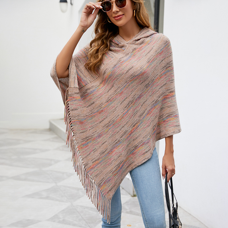 Hooded Striped Tassel Cape Shawl