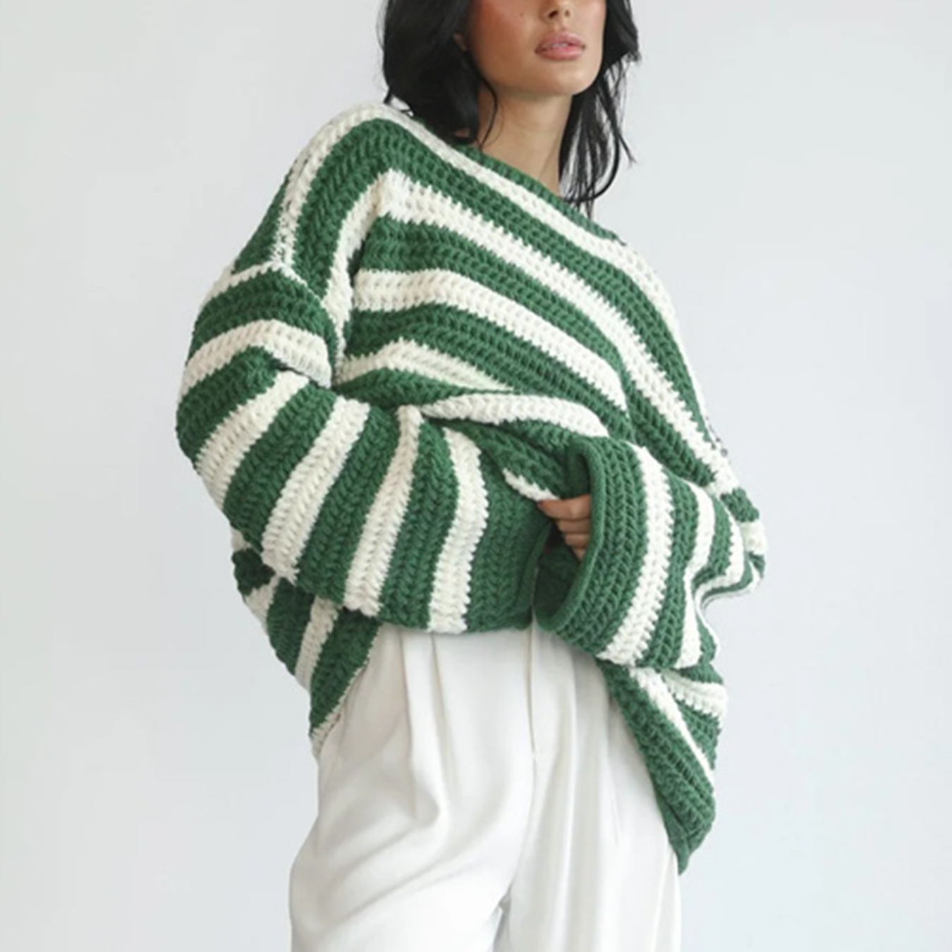 Off-Shoulder Striped Knit Pullover Sweater