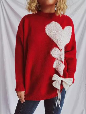 Autumn Winter Love Jacquard Bow Sweat...