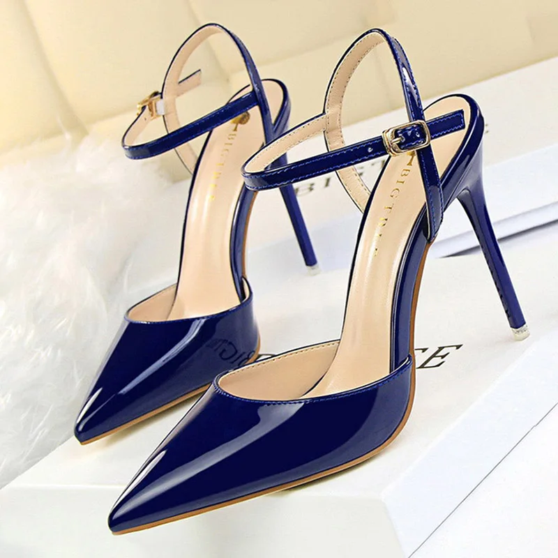 Elegant 2024 Patent Leather Pumps – High Quality Stiletto Heels with Metal Belt Buckle for Women’s Parties