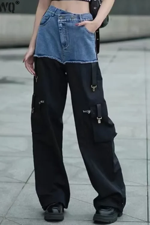 Streetwear High-Waist Denim Cargo Pan...