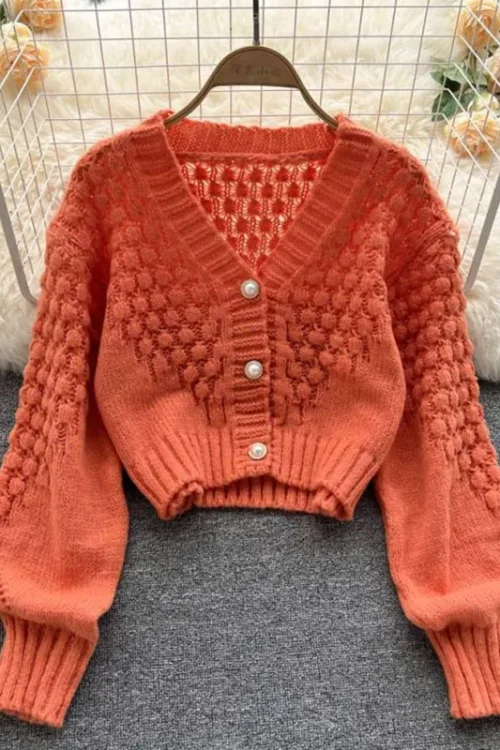 Orange Hollow Knit Lantern Sleeve Car...