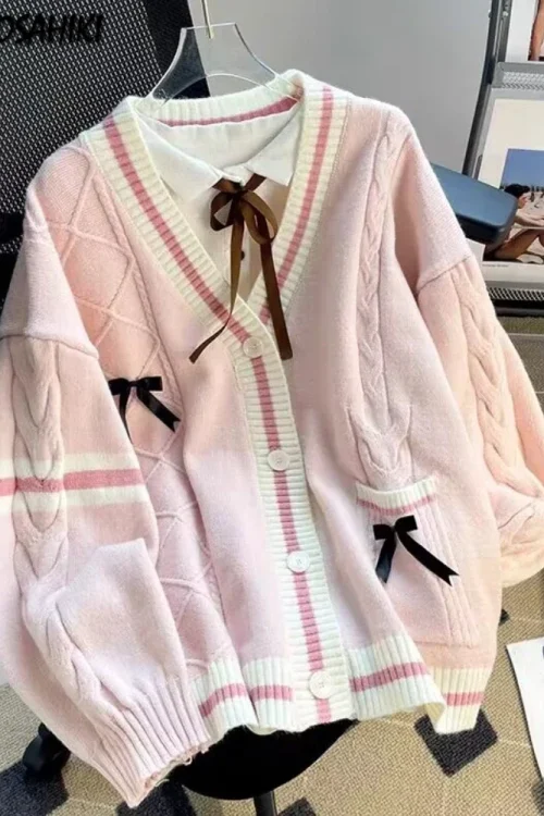 Y2K Sweet Bow Knit Cardigan – Contr...