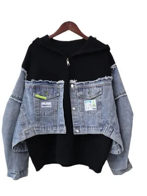 Hooded Zipper Spliced Denim Cashmere ...