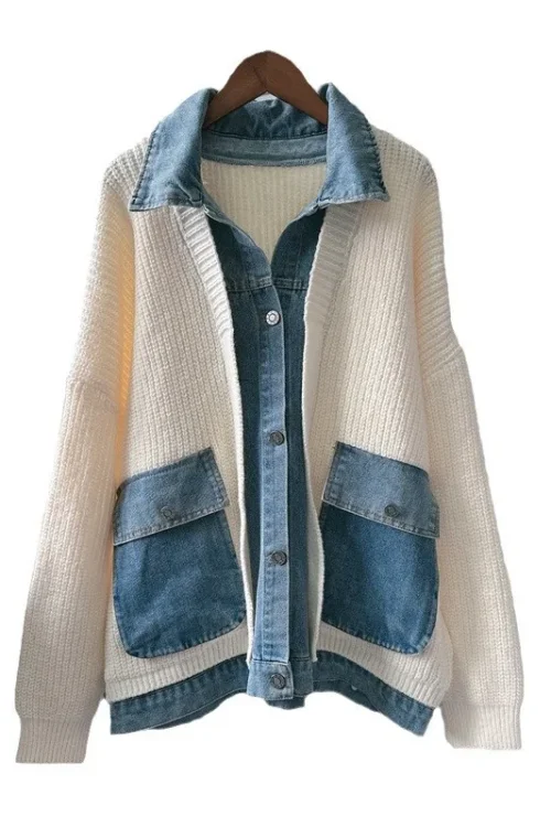 Fashion Patchwork Denim Knit Cardigan – Long Sleeve, Single-Breasted, Loose Fit Sweater for Women, Autumn 2024