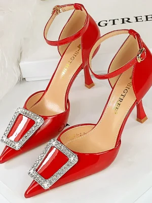 Metal Rhinestone Patent Leather Pumps...