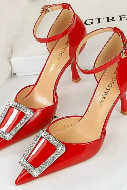 Metal Rhinestone Patent Leather Pumps...