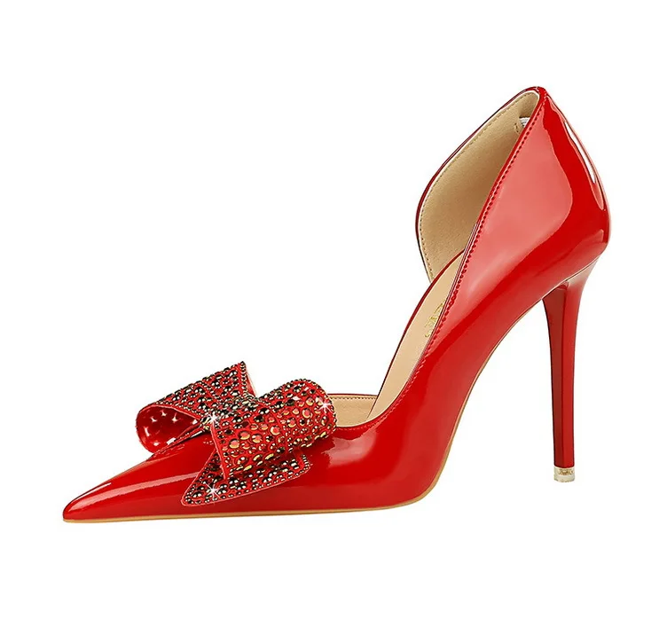 Luxury Rhinestone Bowknot Pumps – 10.5cm Patent Leather Stilettos for Women, Elegant High Heels