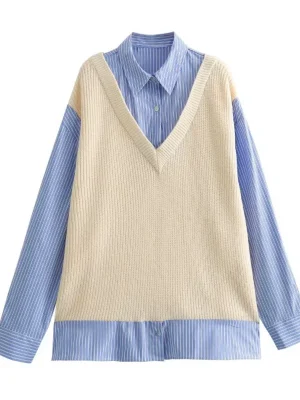 Casual Striped Blouse with Knitted Wa...