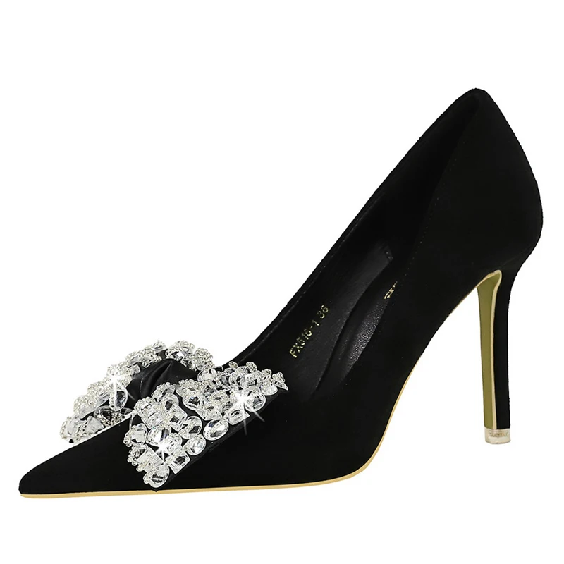 Rhinestone Bow Suede Stilettos – Luxury High Heels for Women, Sizes 42-43