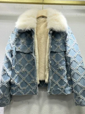 Luxury Denim Faux Fur Coat with Pearl...