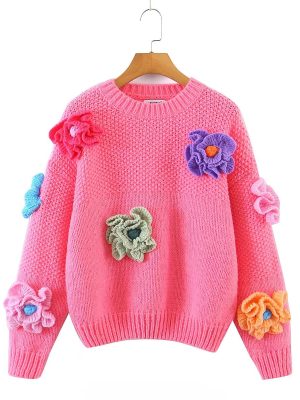 Three-Dimensional Floral Crew Neck Sw...