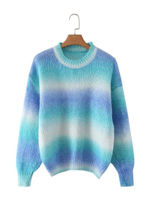 Loose Gradient Striped Round Neck Swe...