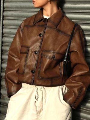 Kendall Jenner Inspired Vintage Brown Cropped Leather Biker Jacket