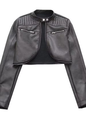 Trendy Stand Collar Faux Leather Coat...