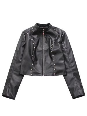 Trendy Rivet Biker Leather Jacket for...