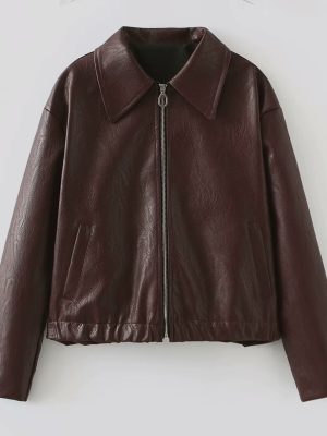 Red Square Collar Leather Jacket Wome...