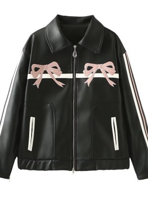 Loose Bow Detail Black Leather Coat W...