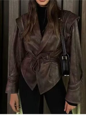 Casual Coffee Brown Leather Coat Wome...