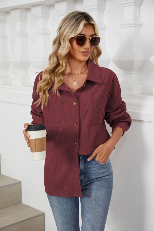 Loose Corduroy Collared Long Sleeve S...