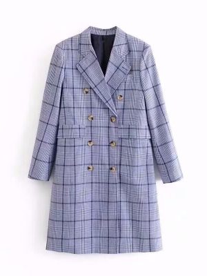 Stylish Women’s Blue Plaid Trench C...