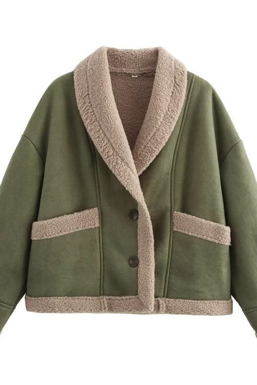 Loose Collared Faux Shearling Woolen ...