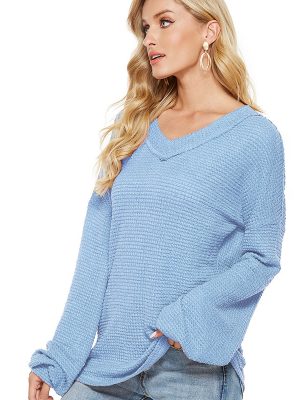 Loose V-Neck Bishop Sleeve Sweater &#...