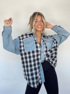 Loose Plaid Stitching Denim Coat for Autumn Winter Women