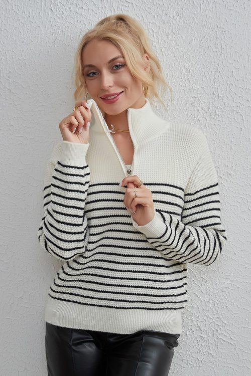 Graceful Striped Zipper Sweater