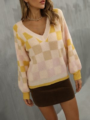 V-Neck Plaid Contrast Knitwear Sweate...