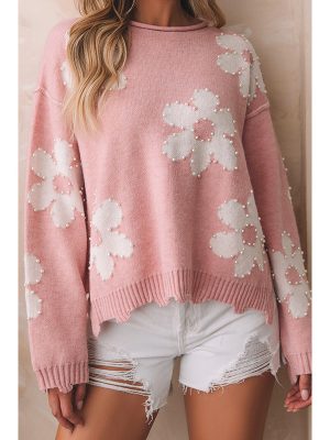 Drop Shoulder Beaded Printed Sweater