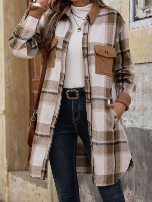 Brushed Plaid Long Coat for Women