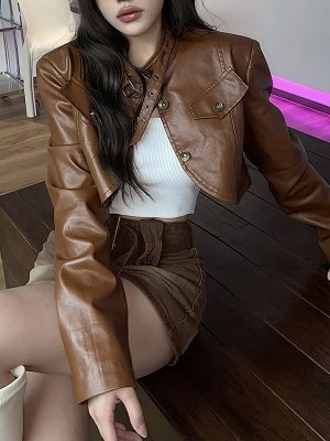 Faux Leather Cropped Jacket for Women