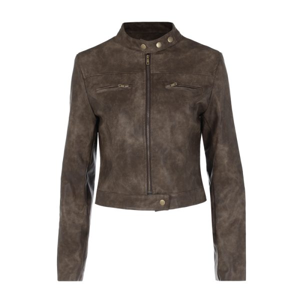 Retro Distressed Short Faux Leather Jacket - Image 4