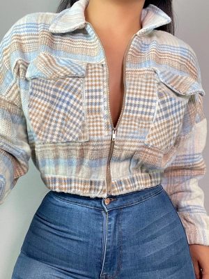 Cropped Slim Fit Plaid Shacket with C...