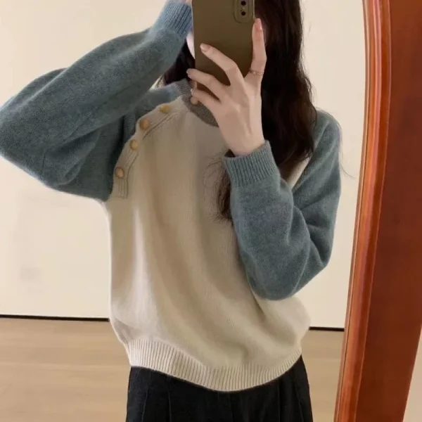 Korean Color Block Button Knit Sweater - Image 2